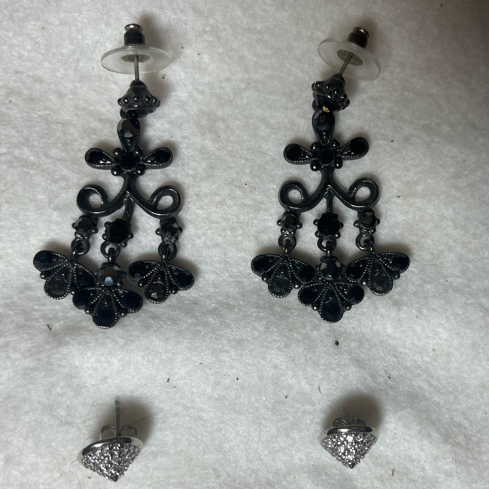 Elegant Black Dangle Earrings and Pierced Sterling Silver Stud with CZ Earrings